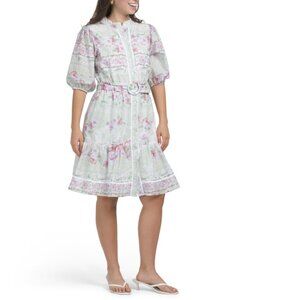 LEA Purple Multi Short Sleeve Floral Mini Dress With Covered Belt